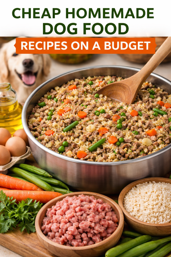 Large stainless steel bowl filled with cheap homemade dog food made from ground beef, rice, carrots, peas, and green beans, with fresh ingredients and a happy dog in the background.