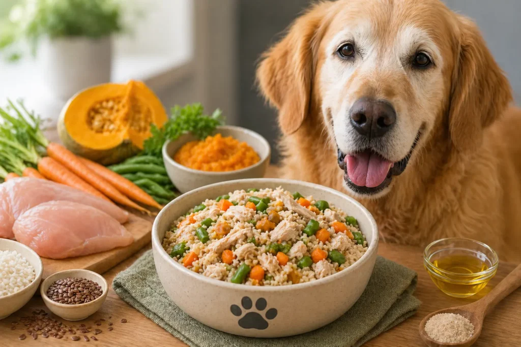 homemade dog food for senior dogs with chicken rice vegetables and soft balanced ingredients