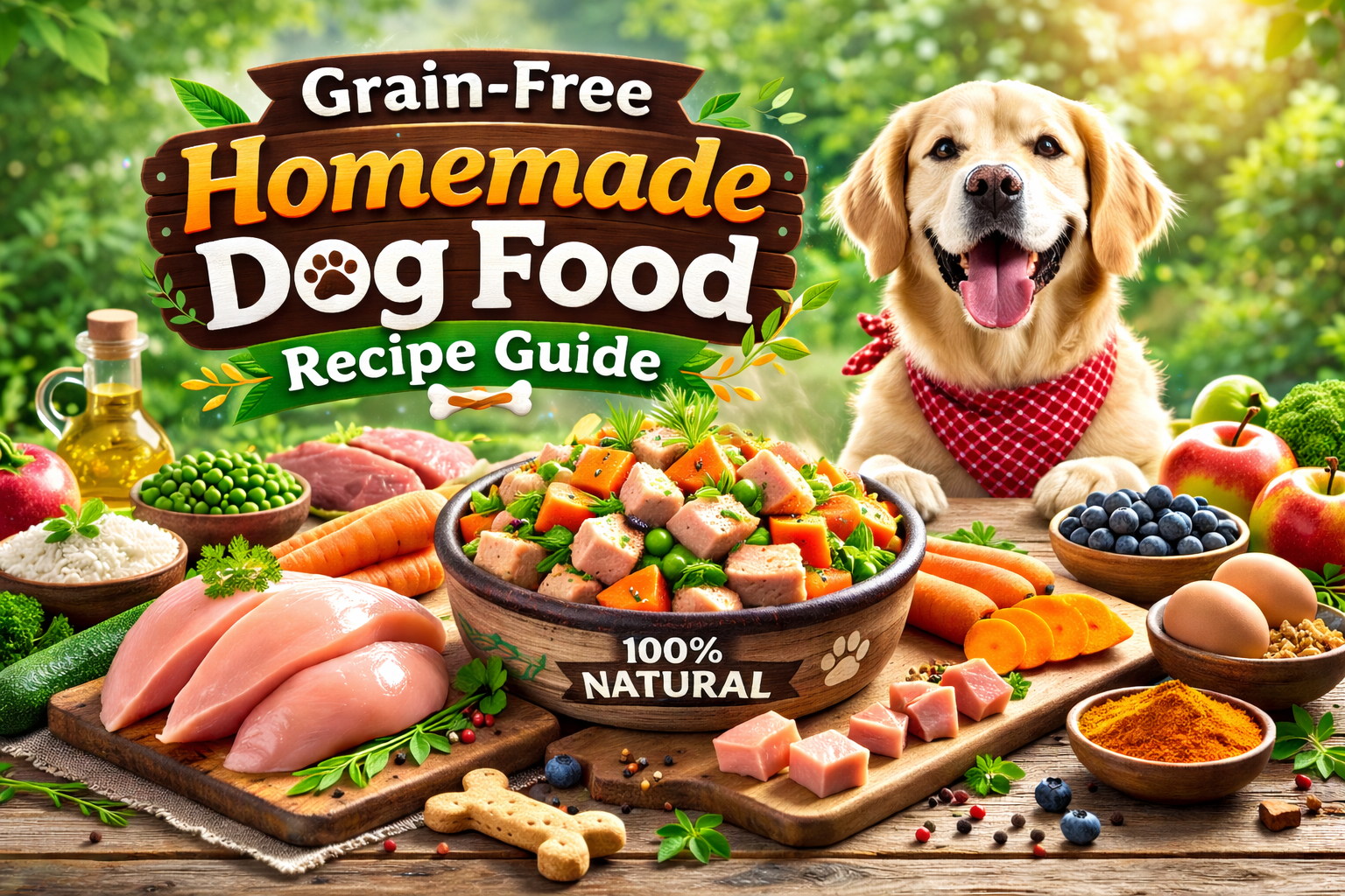 Happy Golden Retriever sitting beside a bowl of grain-free homemade dog food made with fresh chicken, carrots, peas, and natural ingredients in a rustic kitchen setting.