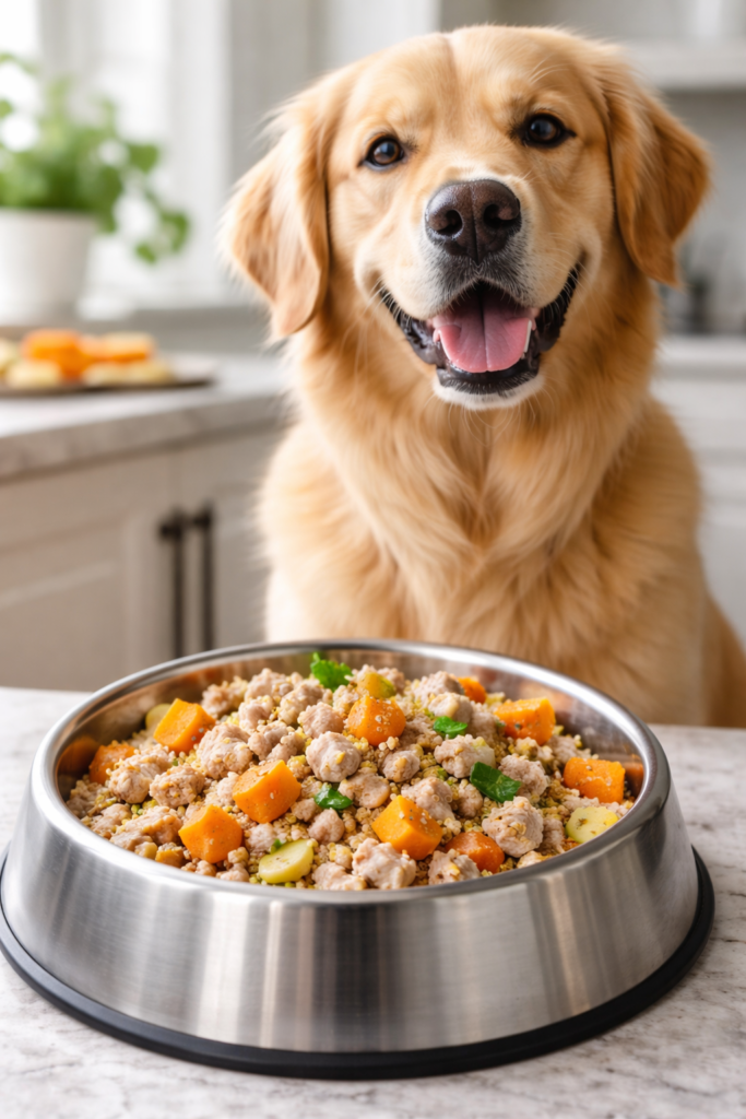 Homemade dog food for allergies in a stainless steel bowl with healthy golden retriever in kitchen