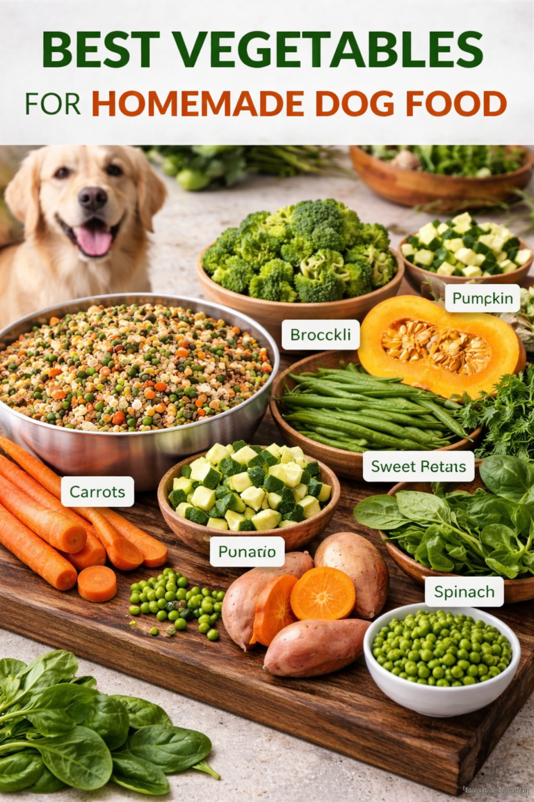 Fresh vegetables including carrots, broccoli, pumpkin, green beans, spinach, peas, and sweet potatoes arranged on a wooden board beside a bowl of homemade dog food, with a golden retriever in the background.