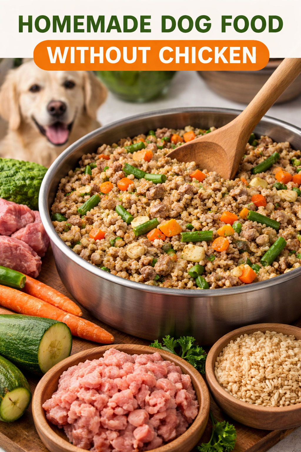 Stainless steel bowl filled with homemade dog food without chicken made from turkey, beef, brown rice, carrots, zucchini, and green beans, with a happy golden retriever in the background.