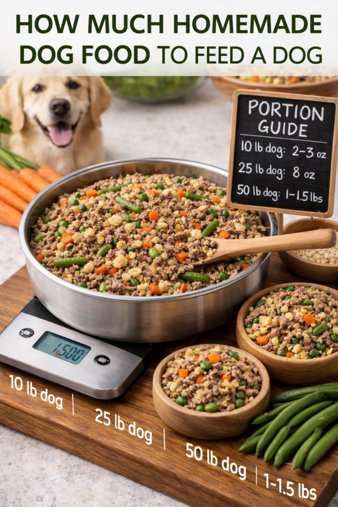 Stainless steel bowl of homemade dog food on a kitchen scale with portion guide showing how much to feed dogs by weight, and a golden retriever in the background.