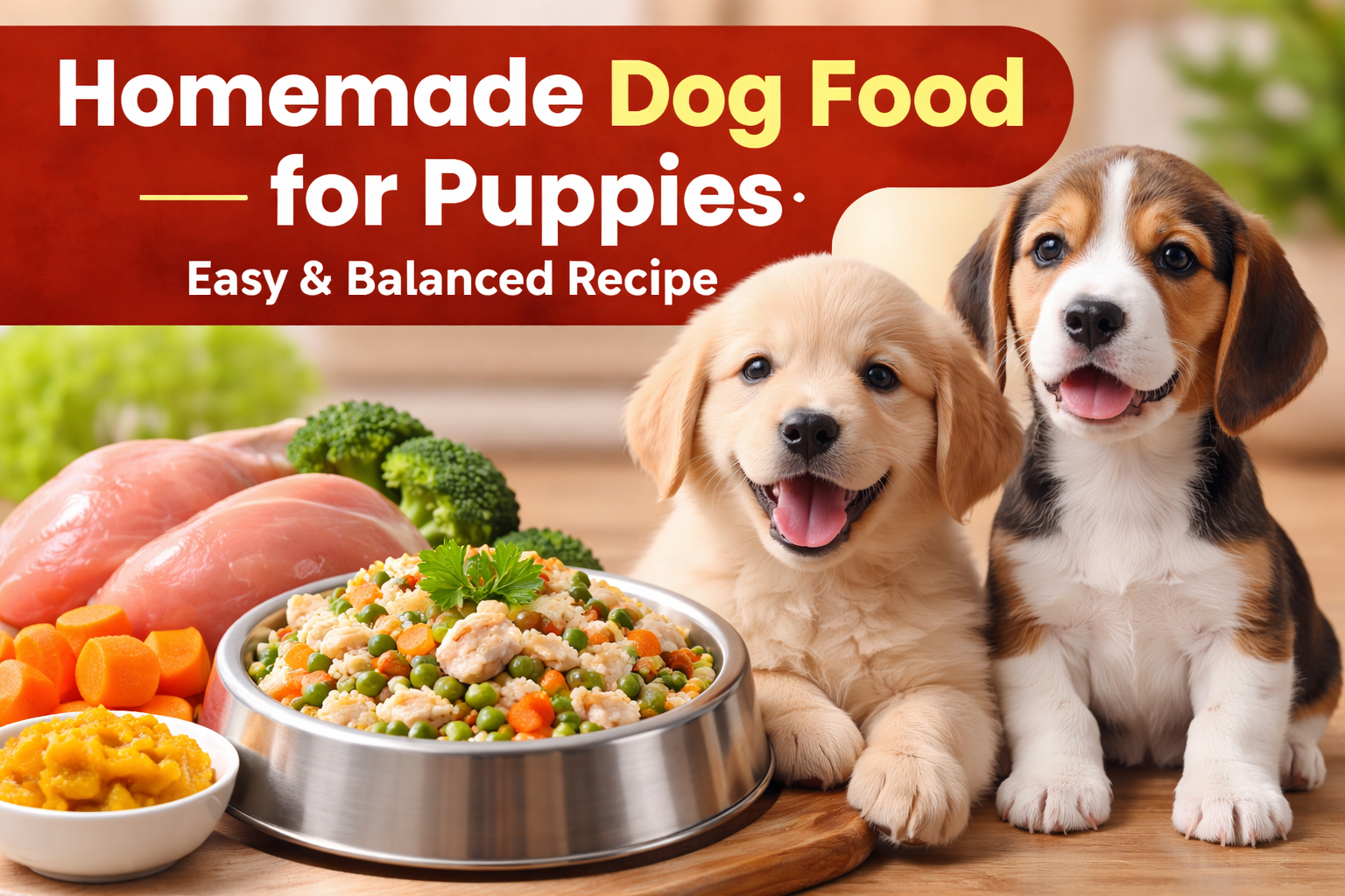 Homemade dog food for puppies with chicken, rice, and vegetables served in a bowl beside two happy puppies