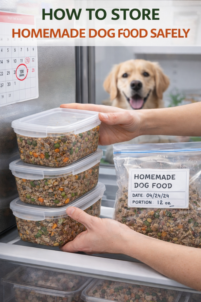 Airtight containers and labeled freezer bag of homemade dog food being placed in a refrigerator, with a golden retriever in the background.