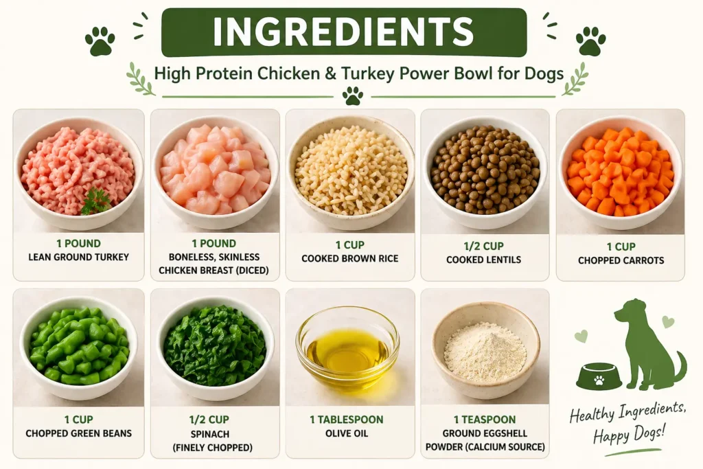 high protein homemade dog food ingredients including chicken turkey rice lentils carrots green beans spinach and olive oil