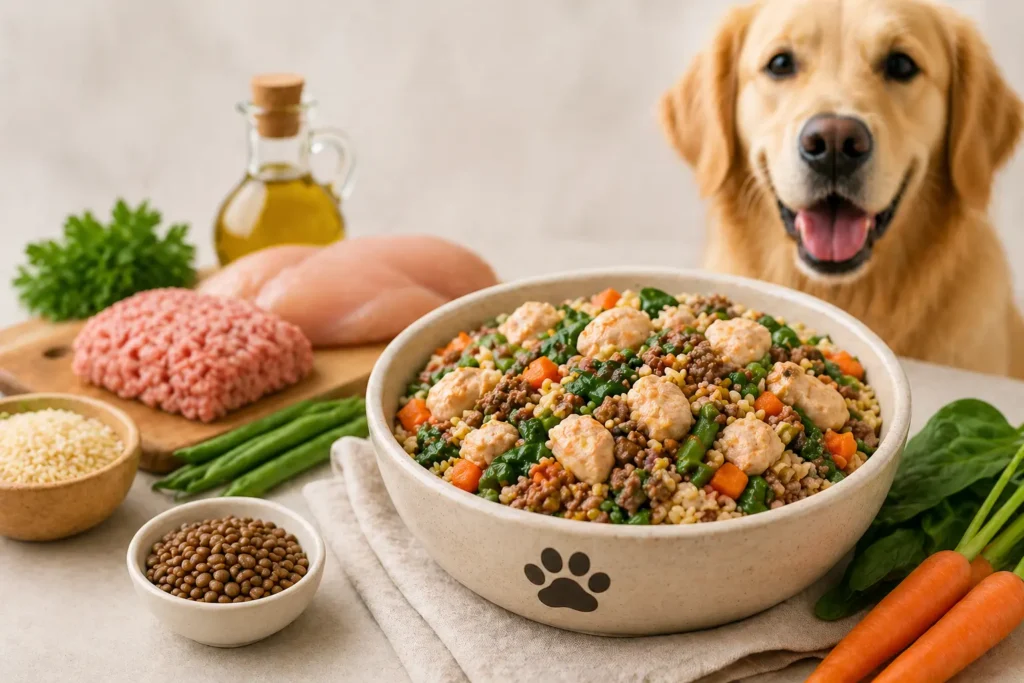 high protein homemade dog food with chicken turkey rice vegetables and fresh ingredients