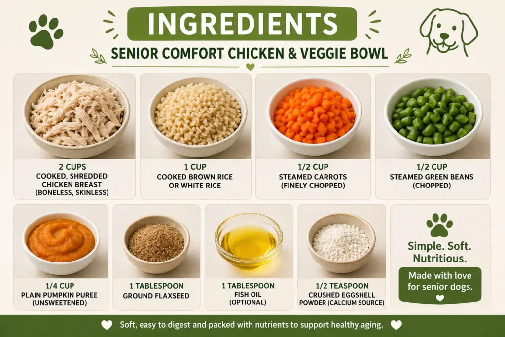homemade dog food ingredients for senior dogs including chicken rice pumpkin carrots green beans and flaxseed