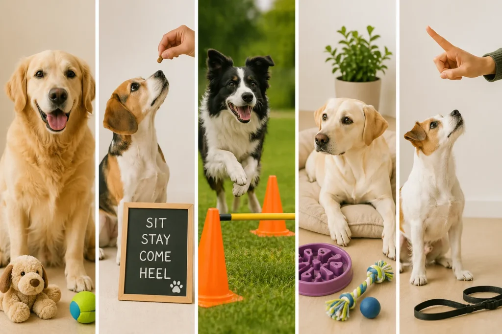 Dog training and behavior activities showing commands obedience and common problem solving
