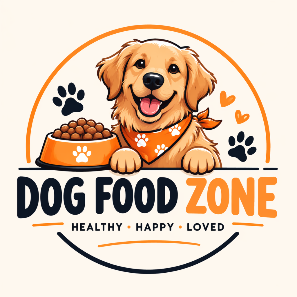 Dog Food Zone logo with cute dog and pet food bowl