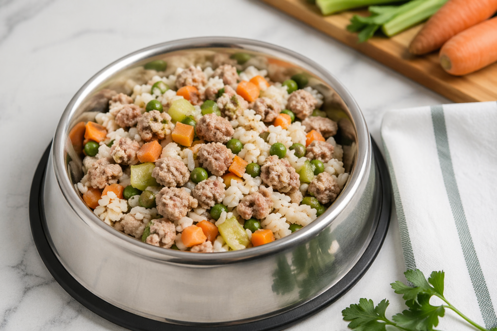 easy homemade dog food recipe with rice, ground meat and vegetables in a bowl