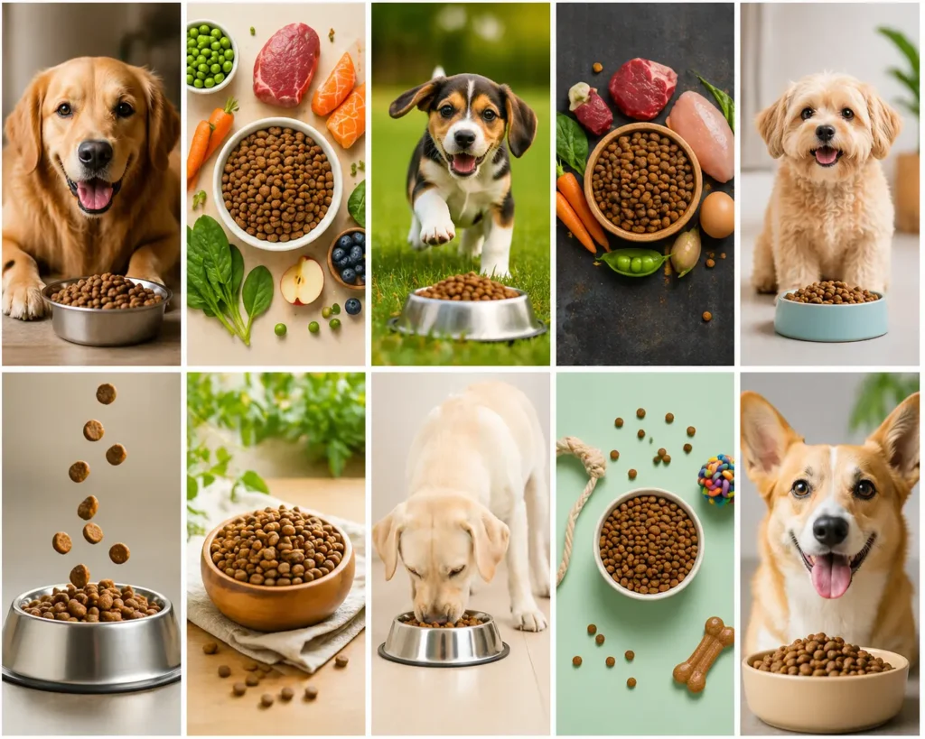 Golden retriever eating from dog food bowl