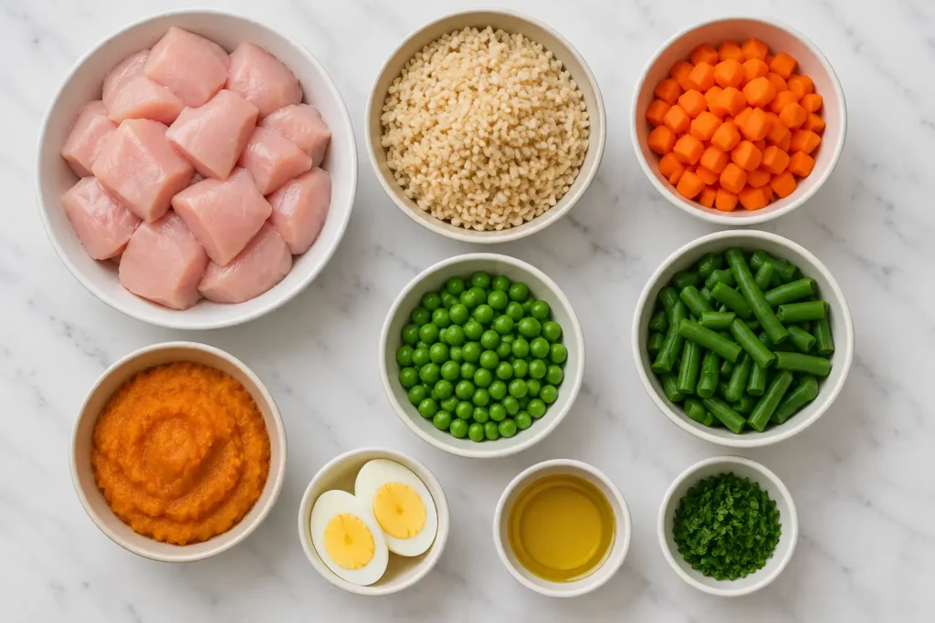 Ingredients for homemade dog food chicken recipe including chicken, rice, vegetables, eggs, and pumpkin