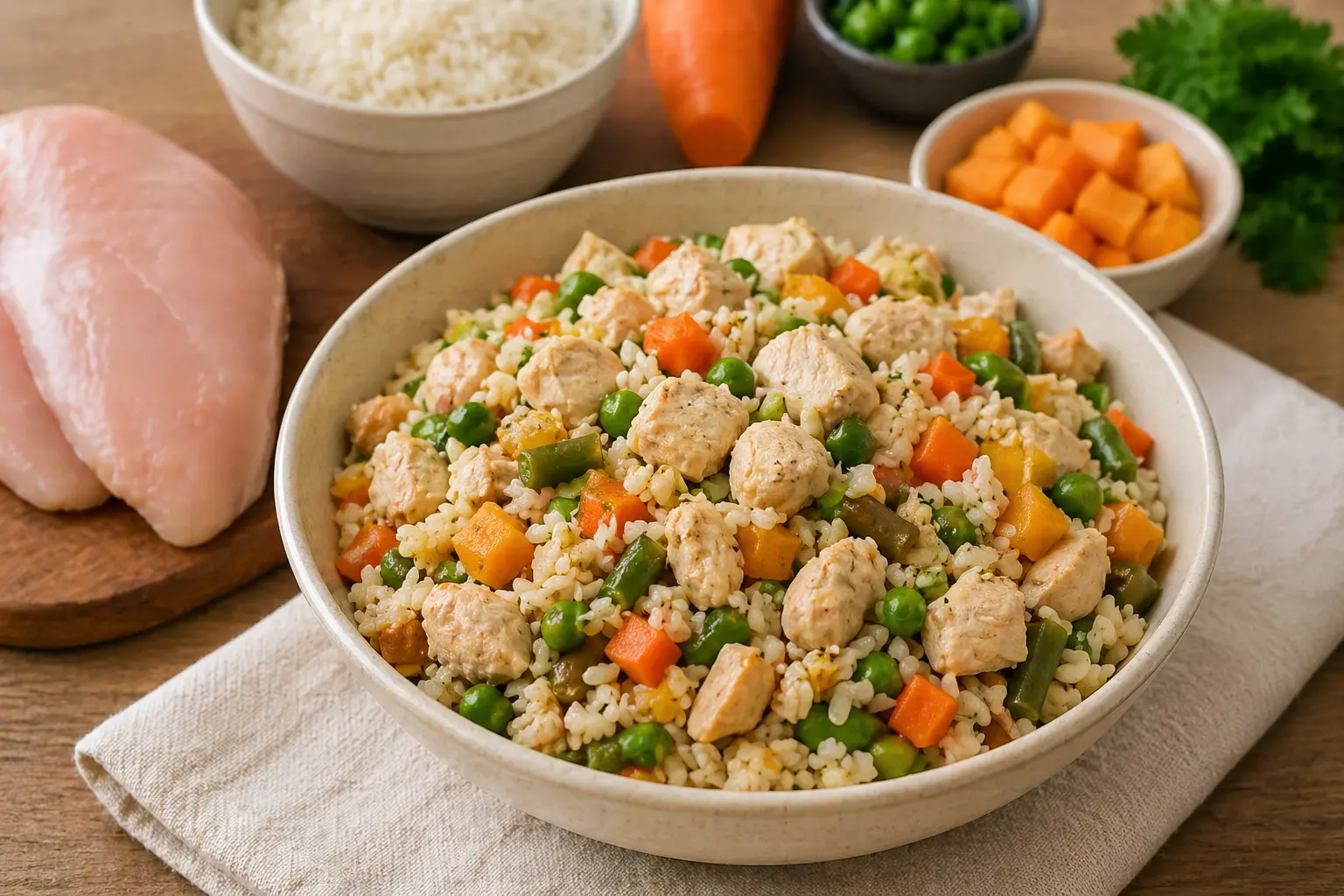 Homemade dog food chicken recipe with rice and vegetables in a bowl