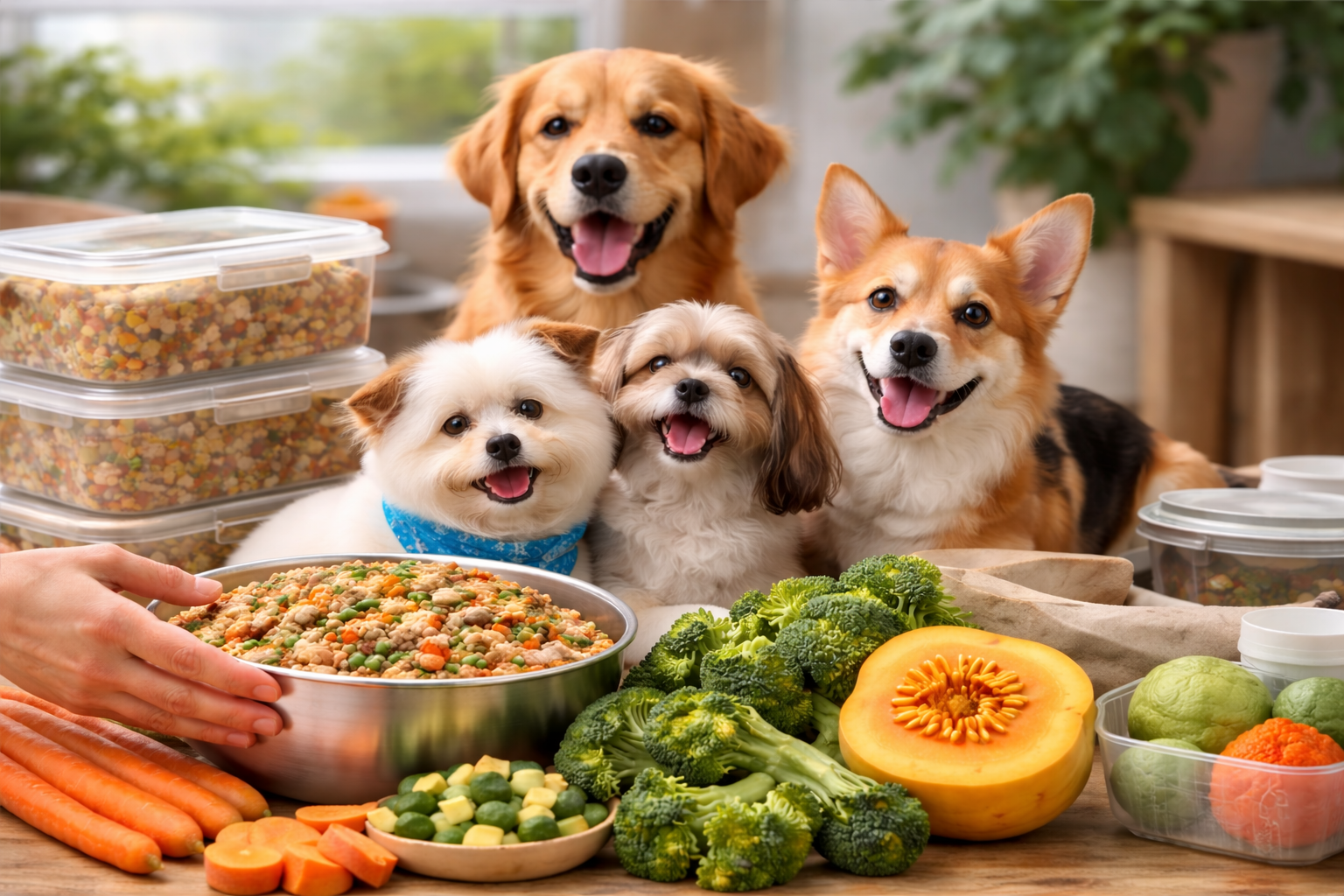 happy dogs eating healthy homemade dog food with fresh ingredients and proper care