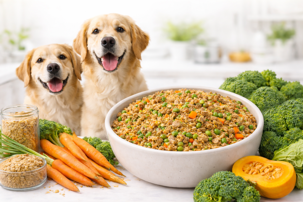 Two happy dogs with homemade dog food in a bowl surrounded by fresh vegetables on a white background
