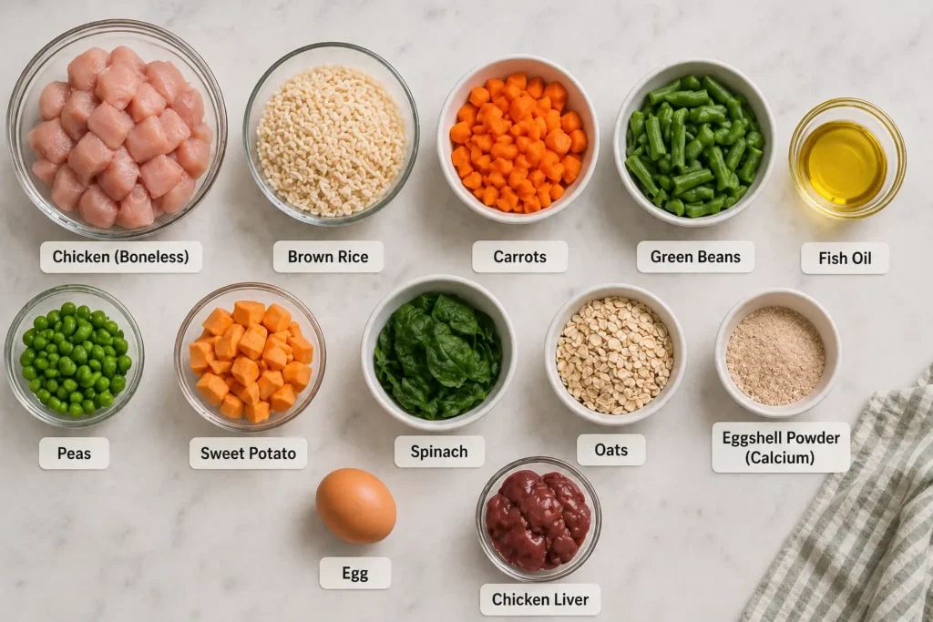 vet approved homemade dog food ingredients including chicken rice carrots green beans and fish oil