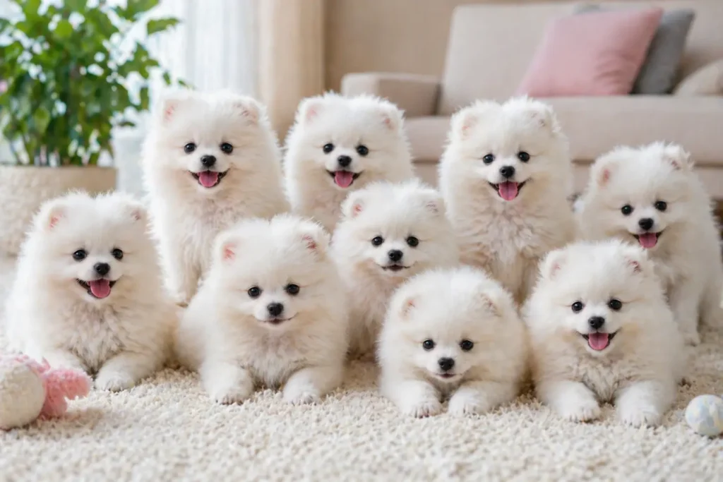 Cute white puppies sitting and playing indoors