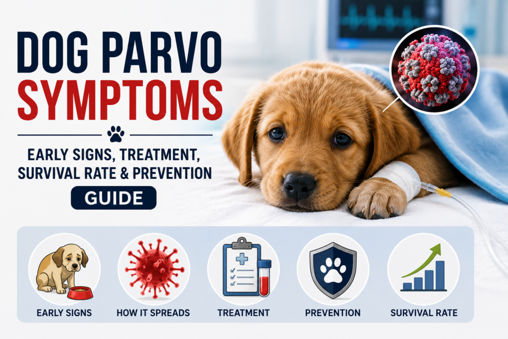 Sick puppy receiving veterinary care for canine parvovirus showing early dog parvo symptoms, treatment, recovery, survival rate, and prevention.
