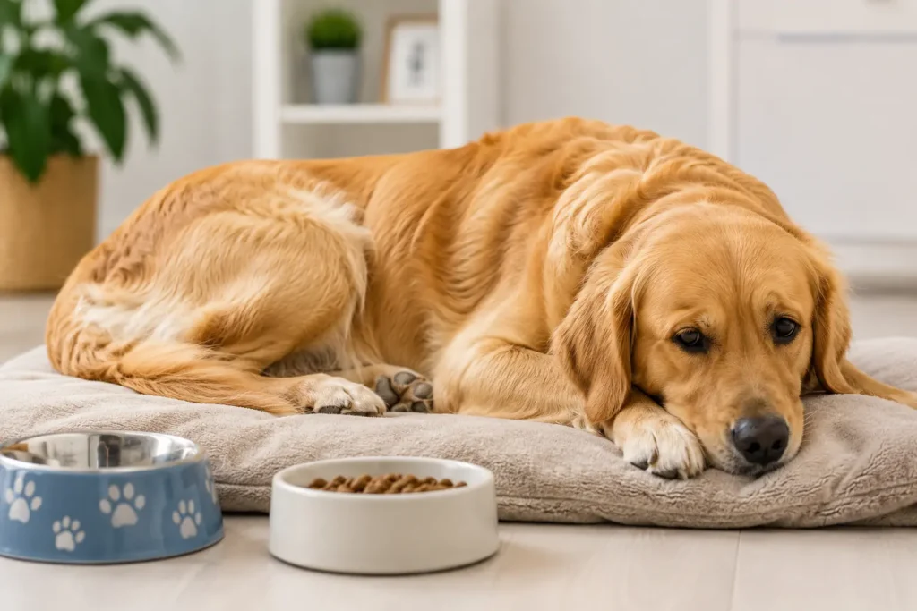 Golden Retriever resting beside food bowls due to digestive problems and stomach discomfort in dogs