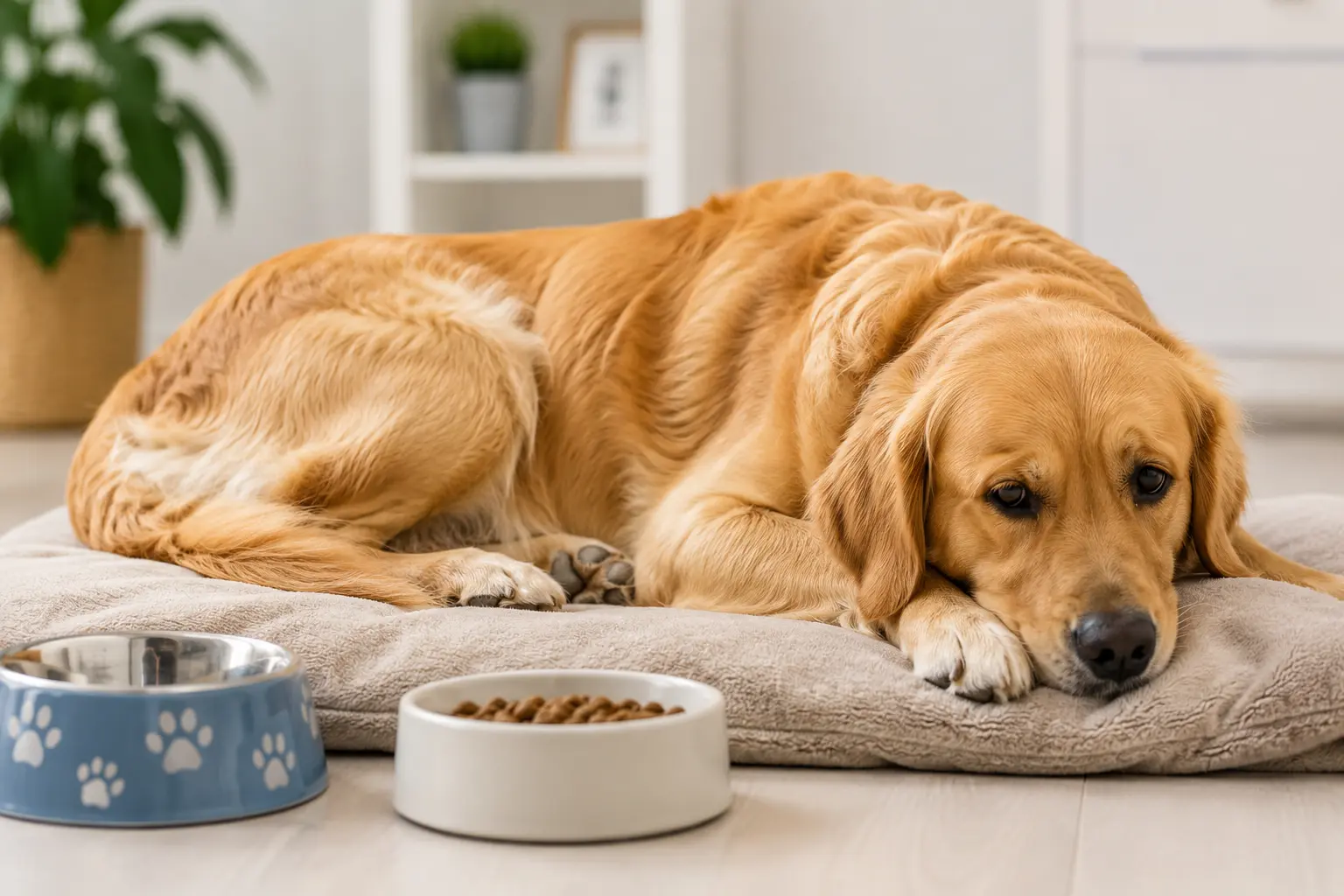 Golden Retriever resting beside food bowls due to digestive problems and stomach discomfort in dogs