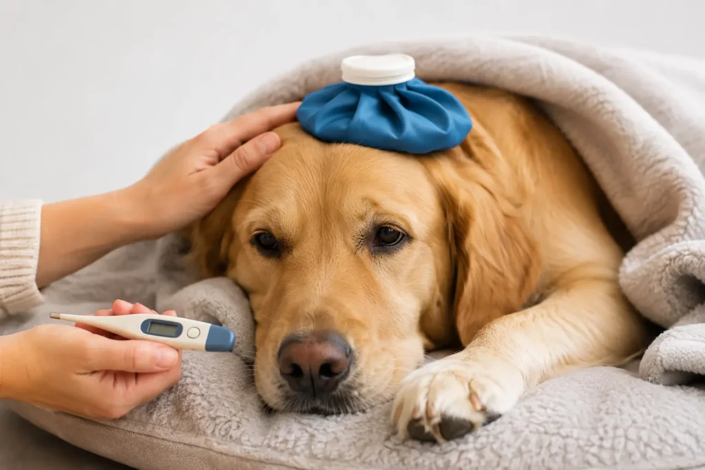 Sick golden retriever showing dog illness symptoms while resting under a blanket