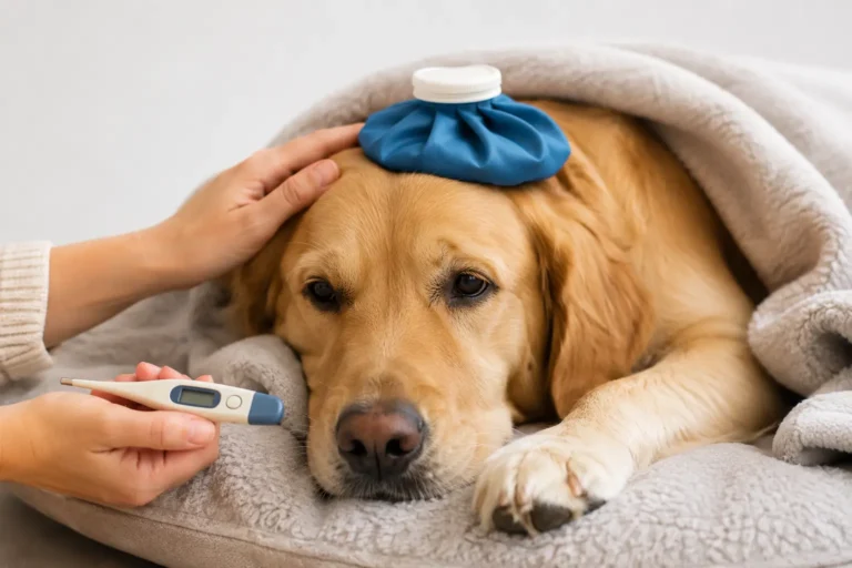 Sick golden retriever showing dog illness symptoms while resting under a blanket