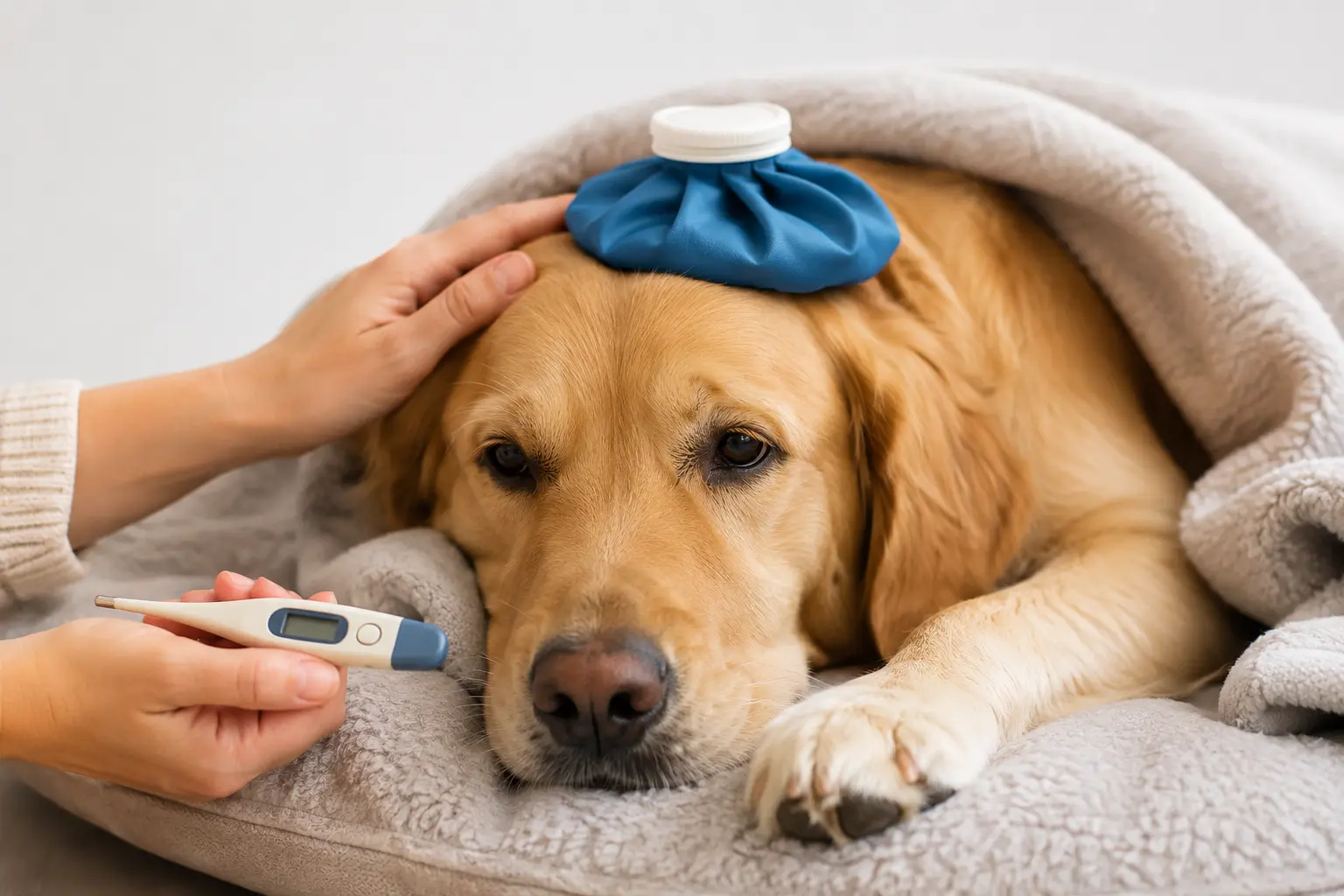 Sick golden retriever showing dog illness symptoms while resting under a blanket