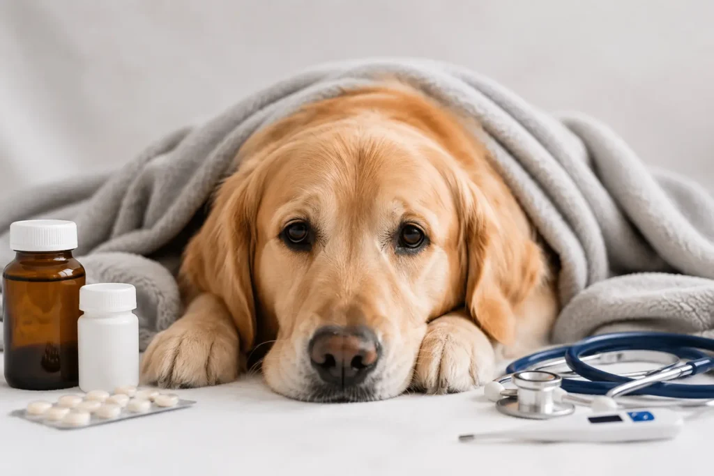 Golden retriever showing dog illness symptoms while resting beside veterinary supplies