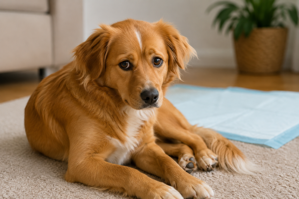 Golden brown dog resting indoors showing possible signs of urinary tract infection with training pad nearby