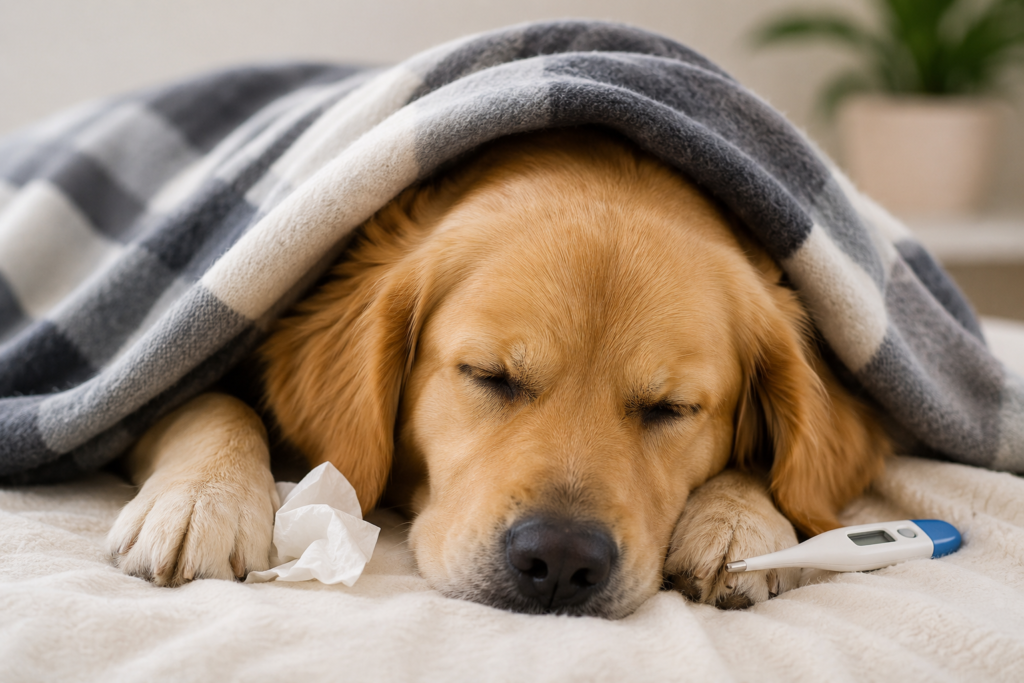 Golden Retriever showing mild respiratory illness symptoms while resting indoors with a concerned expression and healthy home environment