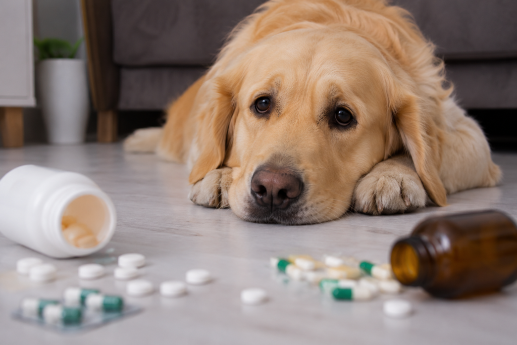 Golden Retriever lying on the floor near spilled medication bottles showing possible dog poisoning symptoms and requiring emergency veterinary attention