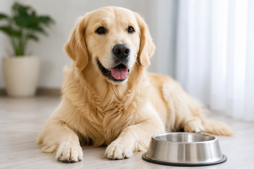 Golden Retriever dog sitting beside a healthy homemade diabetic dog food meal with veterinarian-approved ingredients in a bright kitchen setting.