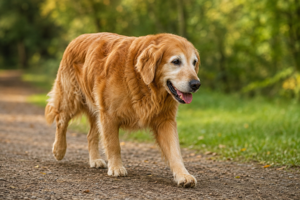 Senior golden retriever walking slowly on a nature trail showing signs of arthritis and joint pain while remaining active outdoors.