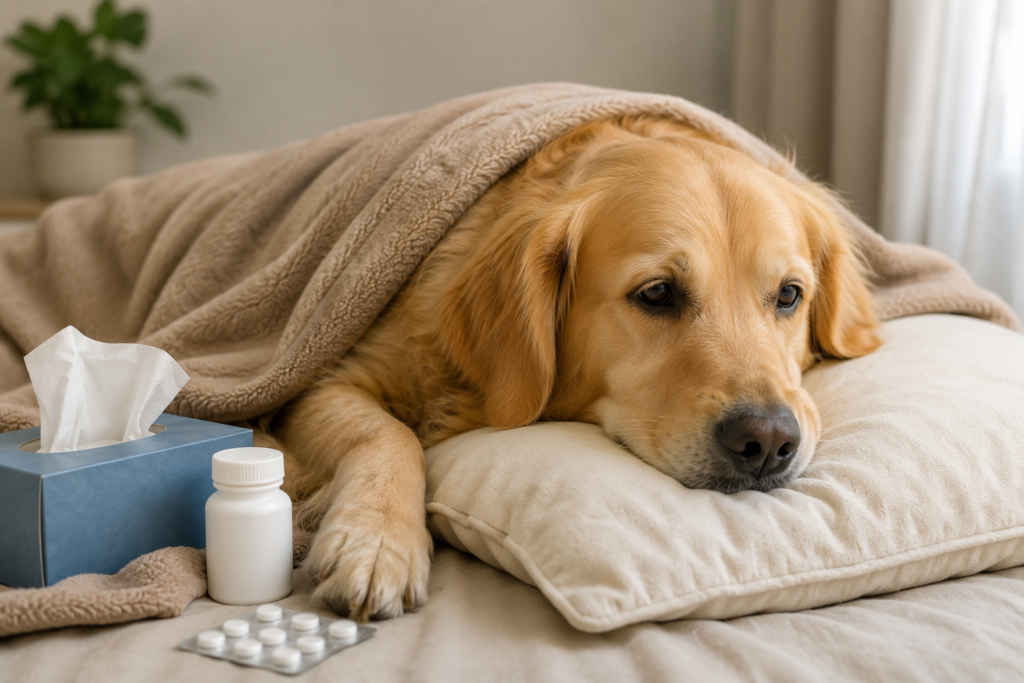 Sick golden retriever resting under a blanket with care items nearby, showing dog illness treatment and home recovery care.
