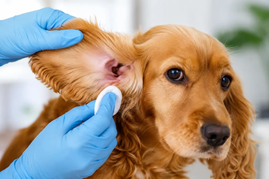 Veterinarian gently cleaning and examining a dog's ear during treatment for a dog ear infection.