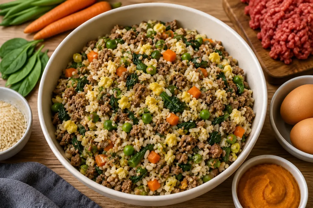 Homemade dog food beef recipe made with ground beef, brown rice, eggs, pumpkin puree, spinach, peas, and carrots in a serving bowl.