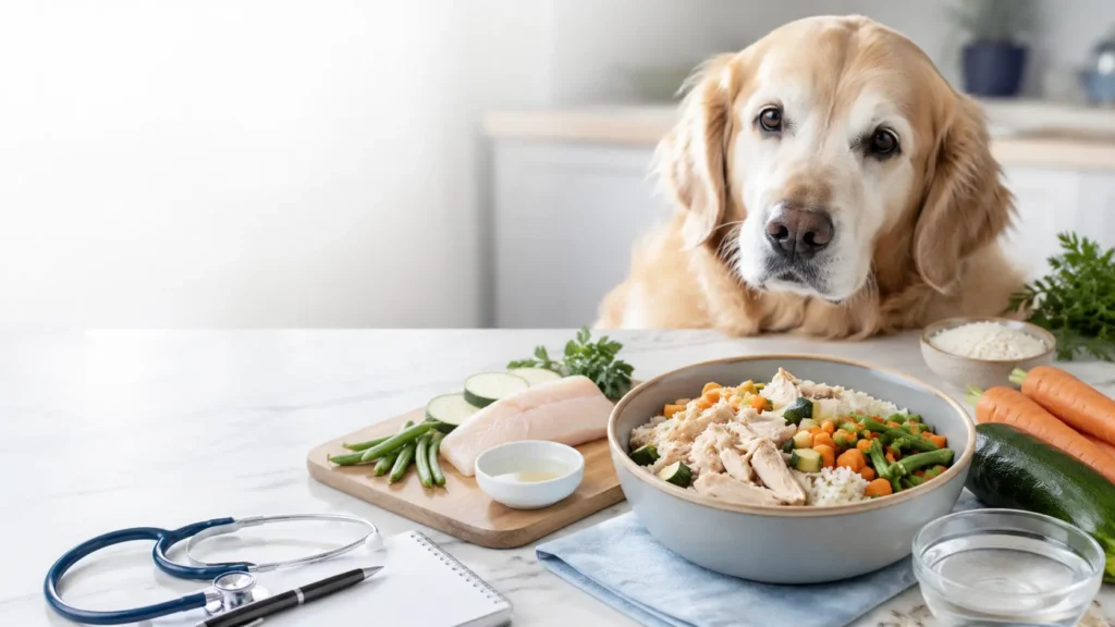 Homemade dog food for kidney disease with chicken, rice, carrots, green beans, zucchini, and fresh water.