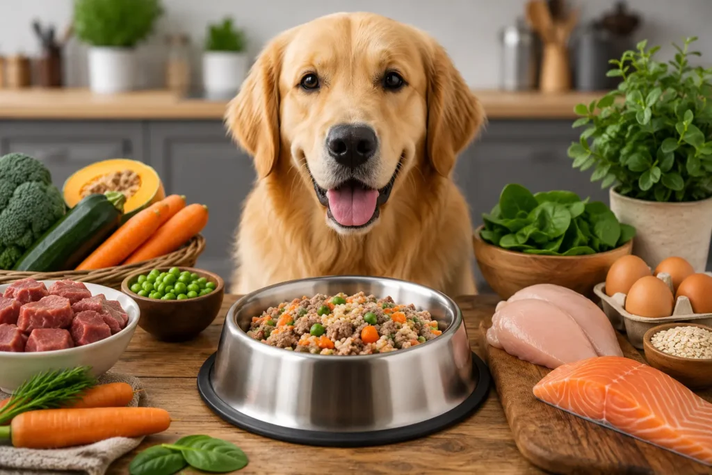Golden Retriever sitting behind a bowl of homemade high protein dog food with fresh chicken, beef, salmon, eggs, vegetables, and healthy ingredients on a kitchen table