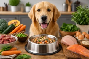 Golden Retriever sitting behind a bowl of homemade high protein dog food with fresh chicken, beef, salmon, eggs, vegetables, and healthy ingredients on a kitchen table