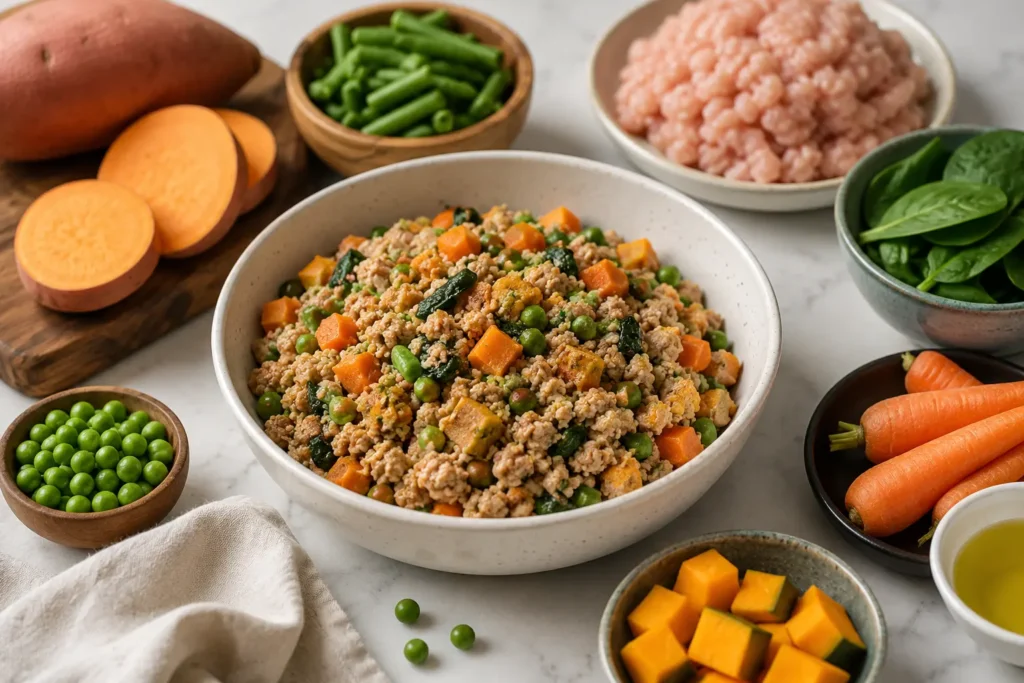 Homemade grain free dog food with turkey and vegetables