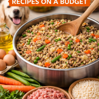 Large stainless steel bowl filled with cheap homemade dog food made from ground beef, rice, carrots, peas, and green beans, with fresh ingredients and a happy dog in the background.