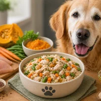 homemade dog food for senior dogs with chicken rice vegetables and soft balanced ingredients