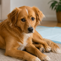 Golden brown dog resting indoors showing possible signs of urinary tract infection with training pad nearby