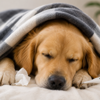 Golden Retriever showing mild respiratory illness symptoms while resting indoors with a concerned expression and healthy home environment