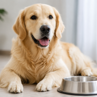 Golden Retriever dog sitting beside a healthy homemade diabetic dog food meal with veterinarian-approved ingredients in a bright kitchen setting.