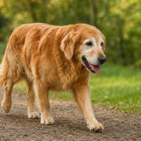 Senior golden retriever walking slowly on a nature trail showing signs of arthritis and joint pain while remaining active outdoors.