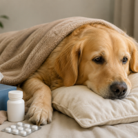 Sick golden retriever resting under a blanket with care items nearby, showing dog illness treatment and home recovery care.