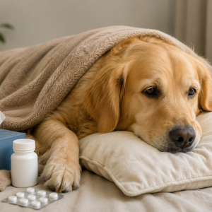 Sick golden retriever resting under a blanket with care items nearby, showing dog illness treatment and home recovery care.