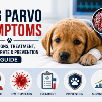 Sick puppy receiving veterinary care for canine parvovirus showing early dog parvo symptoms, treatment, recovery, survival rate, and prevention.